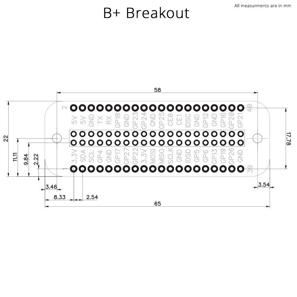 raspberry pi 3/2/B+/A+ gpio-breadboard kartı boyutları