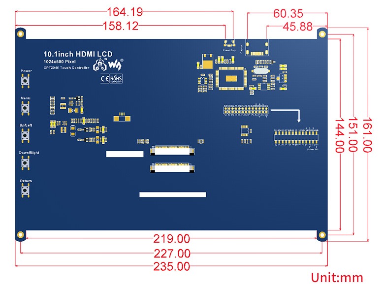 10.1 inç HDMI Rezistif Ekran Boyutları