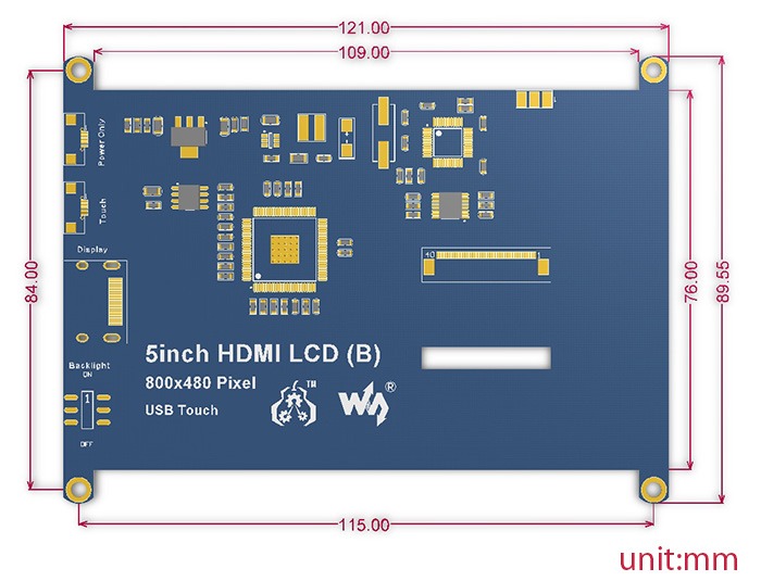5 inç HDMI Rezistif Dokunmatik LCD Ekran Boyutları