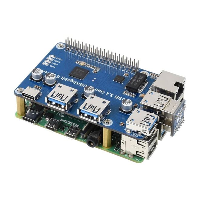 Raspberry Pi için USB 3.2 Gen1 ve Gigabit Ethernet HUB HAT - 3xUSB - 1xGigabit ETH - Sürücüsüz - 2
